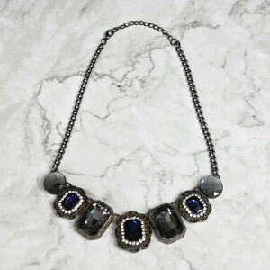 Blue Gray Rhinestone‎ Gem Chain Link Boho Statement Fashion Jewelry Necklace